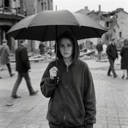 sadie sink in hoodie offers closed umbrella to pedestrian in ruined square, pedestrians ignore her : grainy b & w 1 6 mm film, 2 5 mm lens, single long shot from schindler's list by steven spielberg. cyberpunk, steampunk. cinematic atmosphere and composition, detailed face, perfect anatomy