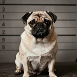 mugshot photo of a pug, looks like al capone's 1 9 3 9 mugshot, mug shot photography