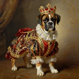 the royal king's boxer dog by greg hildebrant fancy rococo baroque regal puppy oil painting high quality award winning clothed in fancy garb