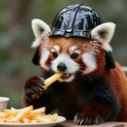 a photo of a red panda dressed like Darth Vader eating french fries