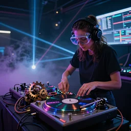 a woman wearing goggles and visor and headphones using a record player turntable contraption, wires and tubes everywhere, turntablism dj scratching, intricate planetary gears, cinematic, imax, sharp focus, led light strips, bokeh, iridescent, black light, fog machine, hazy, computer screens, lasers, light trails, hyper color photograph