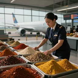 airport custom officer about to arrest trays of spices, satire, dramatic, hyperdetailed, cinematic lighting