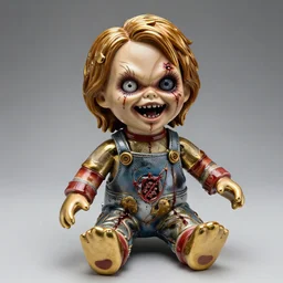creepy doll made of - ceramic / gold / chrome / glass, acting : snarling / laughing, : : evil, twisted, horror, in the style of chucky cocleal implant, scars, blood drips, spurts, guts, amputated limbs. one glass eye. haunted, posessed, nightmare fuel