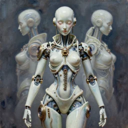 the most beautiful perfect symmetric breathtaking artwork ever made. porcelain android. holy goth neo steampunk cyberpunk photorealistic foreshortening depth of field 4 k 8 k unreal engine octane render oil painting watercolor photoshop trending on artstation android by novak