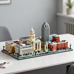 detailed lego build of dublin city center on basement table, professional photo, professional lighting, HDR