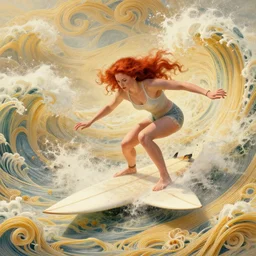 beautiful ethereal ginger surfer is surfing a sea of pasta, art nouveau, fantasy, intricate pasta waves, elegant surfboard, highly detailed, sharp focus, action art by artgerm and greg rutkowski and wlop