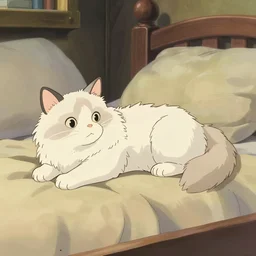 a white ragdoll cat lies on the bed in the girl's bedroom, warm atmosphere, by studio ghibli