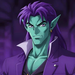 Handsome purple and Teal skinned Tiefling, wearing suit, striking eyes, Yoshitaka Amano, digital art