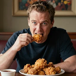 A photo portrait of Homelander from The Boys from Amazon eating Kentucky Fried Chicken