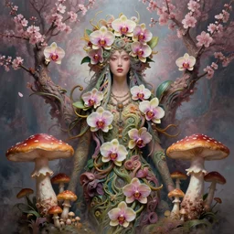 a psychedelic organic shaman, made of orchids and cherry blossom trees, made of mushrooms, diffuse lighting, fantasy, intricate, highly detailed, photorealistic, digital painting, artstation, beautiful woman, concept art, smooth, sharp focus, by john collier and albert aublet, by amanda sage