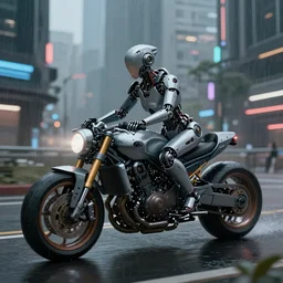 a beautiful ultradetailed fine art illustration of a cyborg riding a mad max motorcycle in a cyberpunk city road, side view,  by ryan church, trending in behance, cybernetic scifi, bokeh, just after rain