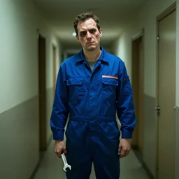 man with deformed face in jumpsuit, standing in a dimly lit hallway with a wrench