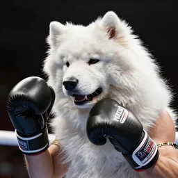 samoyed dog head on a human body as a muay thai kickboxer, gloves on hands, world championship fight, cinematic lighting, film still