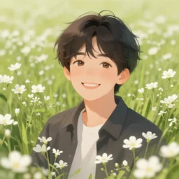 portrait of a happy person in a field of white flowers, gentle lighting, shading, digital illustration, by Artgerm