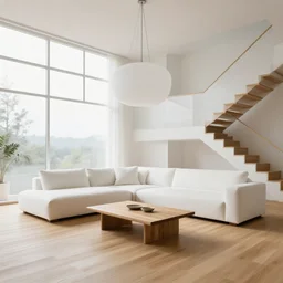 Minimalistic Livingroom with a staircase, wooden floor, white L shaped couch, wooden coffee table, Big chandelier, Big Windows, 8k Realistic