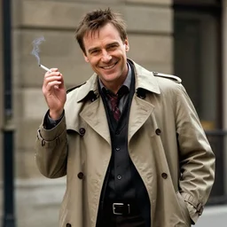 film still of paul blackthorne as harry dresden posing as a charismatic smiling thief, with a light brown trench coat and a cigarette, 4 k