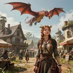 by oka yasutomo and anna dittmann, visually stunning, cinematic, ultra realistic, hyper realism, 1 2 k, epic, octane render, unreal engine, vfx, maya, a dungeons & dragons town square in a festival day, realistic alien medium shot portrait with horns, a red dragon flying in the sky, 1 9 5 0 s retro future farm house, a thread knot girl