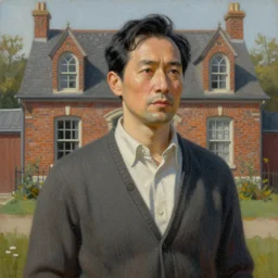 intricate painting of a clean shaven middle aged man with black hair wearing a cardigan in front of an old brick house, charles camoin, artei freytag, trending on artstation, fantasy art