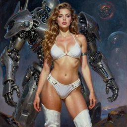 A mixed media portrait painting of a very beautiful light-brown-hair woman on an alien planet, very curvy, aesthetic! high-waisted white-bikini-futuristic-armor and boots, aesthetic symmetrical face and eyes, model, wet, pacific-rim-mech in background, eighties pinup style, by Frank Frazetta, Boris Vallejo, Beeple, Greg Rutkowski, Christian MacNevin, goddess, bombshell, epic fantasy character art, high fantasy, CGsociety, exquisite detail, post-processing, masterpiece, cinematic