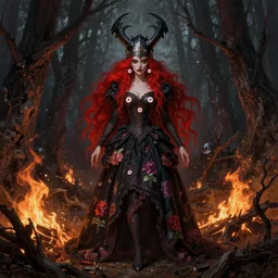 full body shot, malevolent witch with 4 eyes facing front, red hair, crow helmet, floral dress, dead forest on fire, fantasy, intricate, photorealistic, elegant, stylish, highly detailed, digital painting, artstation, concept art, smooth, sharp focus, illustration, art by artgerm and greg rutkowski and terese nielsen, dark scheme