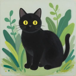 illustration of a black cat between plants by shusei nagaoka kaws, david rudnick, airbrush on canvas, pastell colors, cell shaded