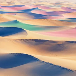 highly detailed sand dunes with many different shades of blue pink orange yellow green, by gilbert williams, by simon stalenhag, by beeple, by bruce pennington, by james jean, mixed media, dynamic composition, octane render