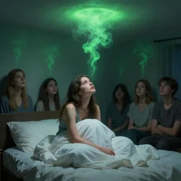 a woman sitting up in bed at night [ looking ] at the ceiling, covered in blankets, green smoke!!!!! surreal concept art, lifelike, photorealistic, digital painting, aesthetic, smooth, sharp focus, artstation hd, artgerm and by greg rutkowski, bruce pennington, valentina remenar, rhads, asher duran,