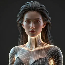 beautiful woman portrait, high poly 3 d glowing wireframe models, wireframe mode, wireframes turned on, overlay of a 3 d wireframe version, half textured half wireframe, ultra realistic, dramatic lighting, intricate details, highly detailed by peter mohrbacher, boris vallejo, hajime sorayama, wayne barlowe,