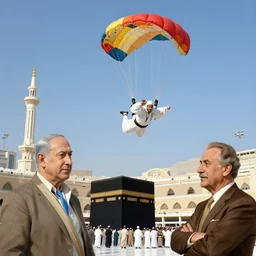 benjamin netanyahu sky diving into mecca on hajj day, by gustave dore and norman rockwell