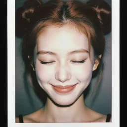 a beautiful face of a young pale woman with closed eyes, small lips pointy nose, cheeks, and brown hair in two buns, smiling seductivly at you, polaroid