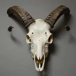 portrait of realistic animal skull with long pointy alien horns, eerie glowing eyes, wall hanging trophy taxidermy, hyper realistic head, volumetric lighting, fantasy art, in the style of greg rutkowski, burne hogarth, intricate, alphonse mucha, hyper detailed, smooth