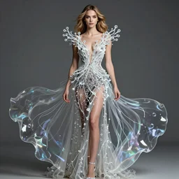 Super model Cara delevingne wearing a gown made of flowing plasma ultra high quality extremely intricacies in the level of detail photorealism 8k very beautifully designed style of Damien Gilley
