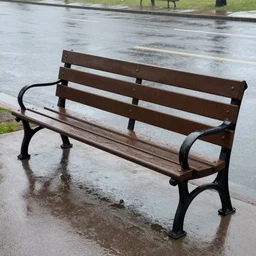 image of a large bench in the rain, the bench being the main focus, facing at the camera, 1 6 k resolution, raining, trees in the background, mid - winter, slightly zoomed out