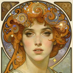 realistic detailed face portrait of linda evangelista with a spiral nebula for hair by alphonse mucha, ayami kojima, amano, greg hildebrandt, and mark brooks, art nouveau, neo - gothic, gothic, character concept design