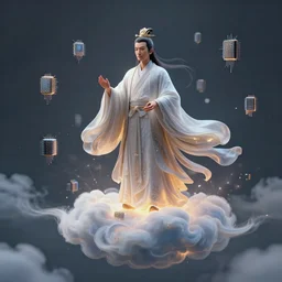 an enlightened ancient taoist immortal flying on a cloud made of microscopic silicon chips, surrealism, enlightened, quantum state, wuji