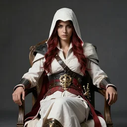 portrait of kassandra from assassins creed sitting in a chair, portrait