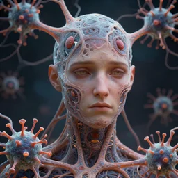 portrait of a sad, organic viral, neurons! horizon zero dawn cells, intricate, elegant, highly detailed, ray tracing, digital painting, artstation, concept art, smooth, sharp focus, illustration, art by artgerm and greg rutkowski and alphonse mucha, 8 k