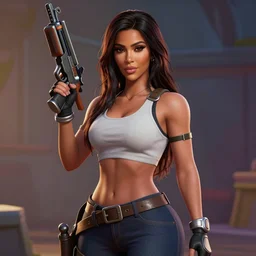 kim kardashian as a fornite character, with a machine gun, in fortnite