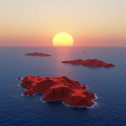alien land scape. ultra detail. natural lighting. islands. ocean. sunset. red. blue. yellow.