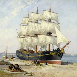 a 1 9 th century boat yard reelected in the harbour, sails, partially built sailing ships, rope and pulleys on the ground, impressionist style, watercolor