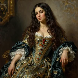 woman, yasmeen ghauri, long hair, ultra detailed, beautiful, proportional, by greg hildebrandt fancy rococo baroque oil painting high quality clothed in fancy garb in pin up style