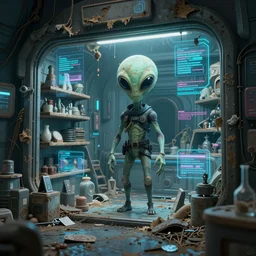a dirty alien shop, futuristic, holographic, 8k, sharp focus,