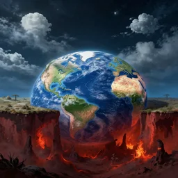 hyper fantasy side view of flat earth with heavens instead of space and below ground is hell,