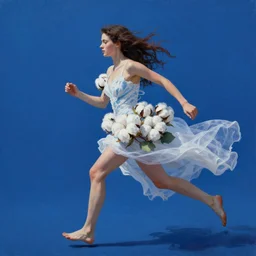 contemporary painting blue, movement, running woman with a larg majestic cotton rose dress, atmospheric, epic composition, cinematic, octane render, 4k detailed post processing, artstation, rendering by octane, unreal engine, art germ, MJ version 3, a real 8k MJ version 3
