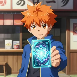 orange - haired anime boy, 1 7 - year - old anime boy with wild spiky hair, wearing blue jacket, holding magical technological card, futuristic effects, fractal card, magic card, in front of ramen shop, strong lighting, strong shadows, vivid hues, raytracing, sharp details, subsurface scattering, intricate details, hd anime, 2 0 1 9 anime