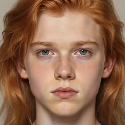 2 4 - year - old man, masculine face, square jaw, ginger hair, dark blue eyes, hyper realistic face, beautiful eyes, highly detailed, digital painting, smooth, sharp, beautiful face, expressive eyes, long fluffy wavy ginger hair, art by greg rutkowski and alex gray