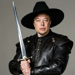 elon musk as a musketeer, he has a big black hat and holds a shiny sword