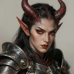 portrait of a demon in the armor, beautiful face, hyper realistic, highly detailed, digital painting, artstation, illustration, concept art by hyung tae and frank frazetts