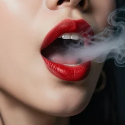 an cinematic closeup of a woman's mouth open, smoke, red lips, open, smoke coming out, ultra realistic