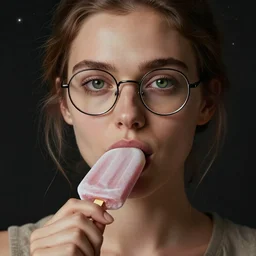 very detailed portrait of a gorgeous french woman in her early thirties eating a popsicle, fine jaw, round glasses, ( ( deep green eyes ) ), strong nose pointing down, earthy color scheme, by wlop and tyler oulton, detailed eyes, starry background, trending, on artstation.